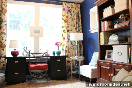 home office makeover indigo walls wood bookcases img 32647 2 1