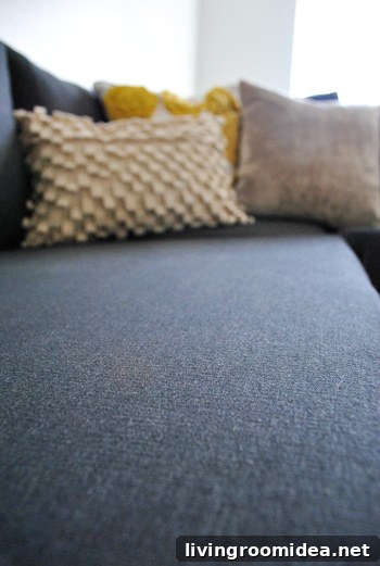 How We Assembled the IKEA Karlstad Sectional Sofa Step-by-Step 5 close up detail of ikea sectional sofa fabric in dark sivik gray