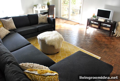 How We Assembled the IKEA Karlstad Sectional Sofa Step-by-Step 6 dark charcoal gray ikea sectional sofa in living room with yellow accents