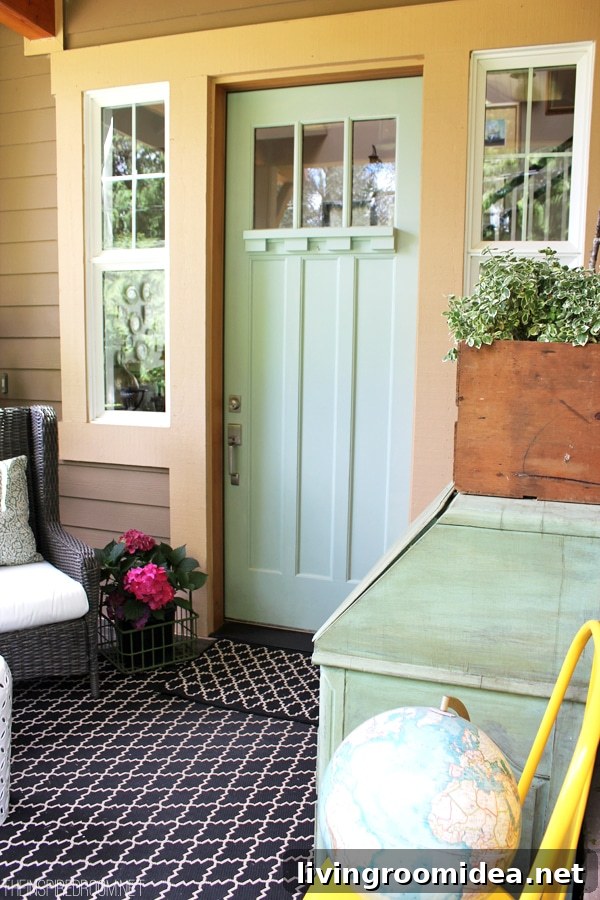 Light Blue Painted Front Door - Front Porch Decorating
