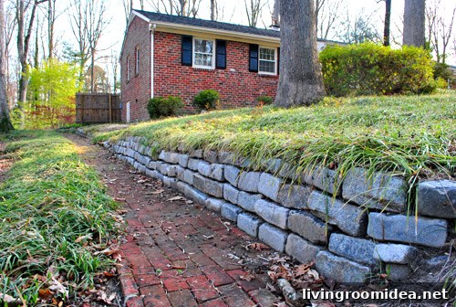 Liriope bank above stone wall