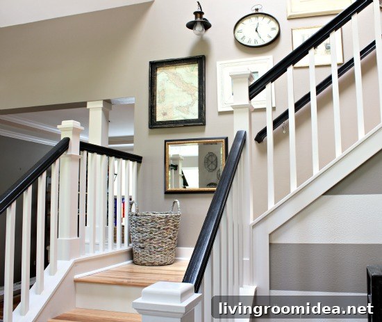 staircase makeover black and white railings hickory treads white risers img 35325 3 1