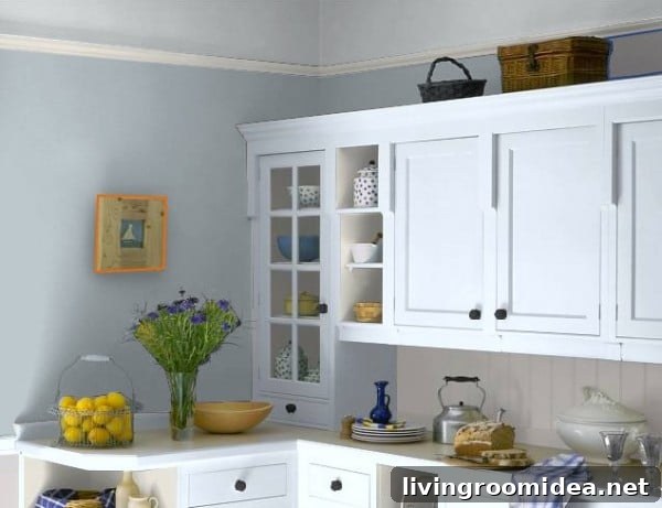 gray blue walls pale gray ceiling kitchen