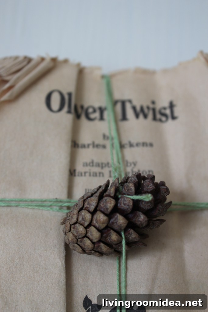 gift wrapping idea twine pinecone