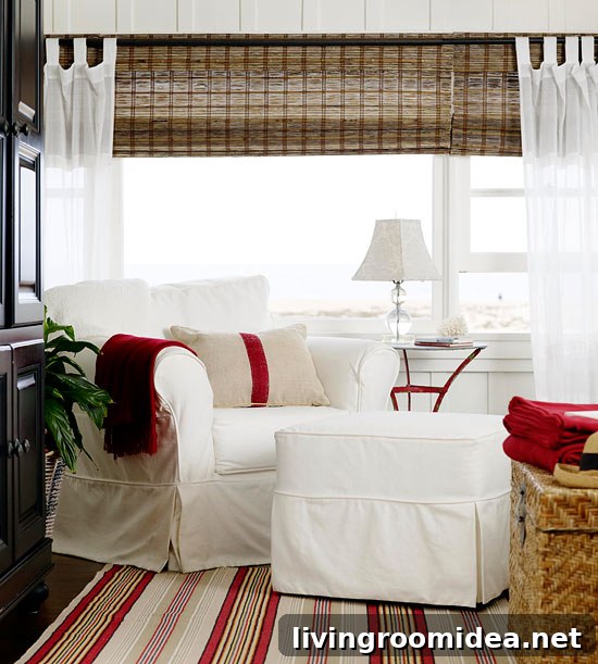Cottage Decorating: Add a Chic Pop of Red to Your Home 6 white slipcovered chair