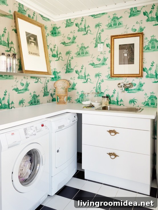 I Hate Doing Laundry—Smart Tips to Make It Less Painful 4 Green-Toile-Wallpaper-in-Laundry-Room
