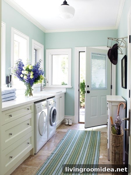 I Hate Doing Laundry—Smart Tips to Make It Less Painful 7 Pretty-Blue-Laundry-Room-Striped-Rug