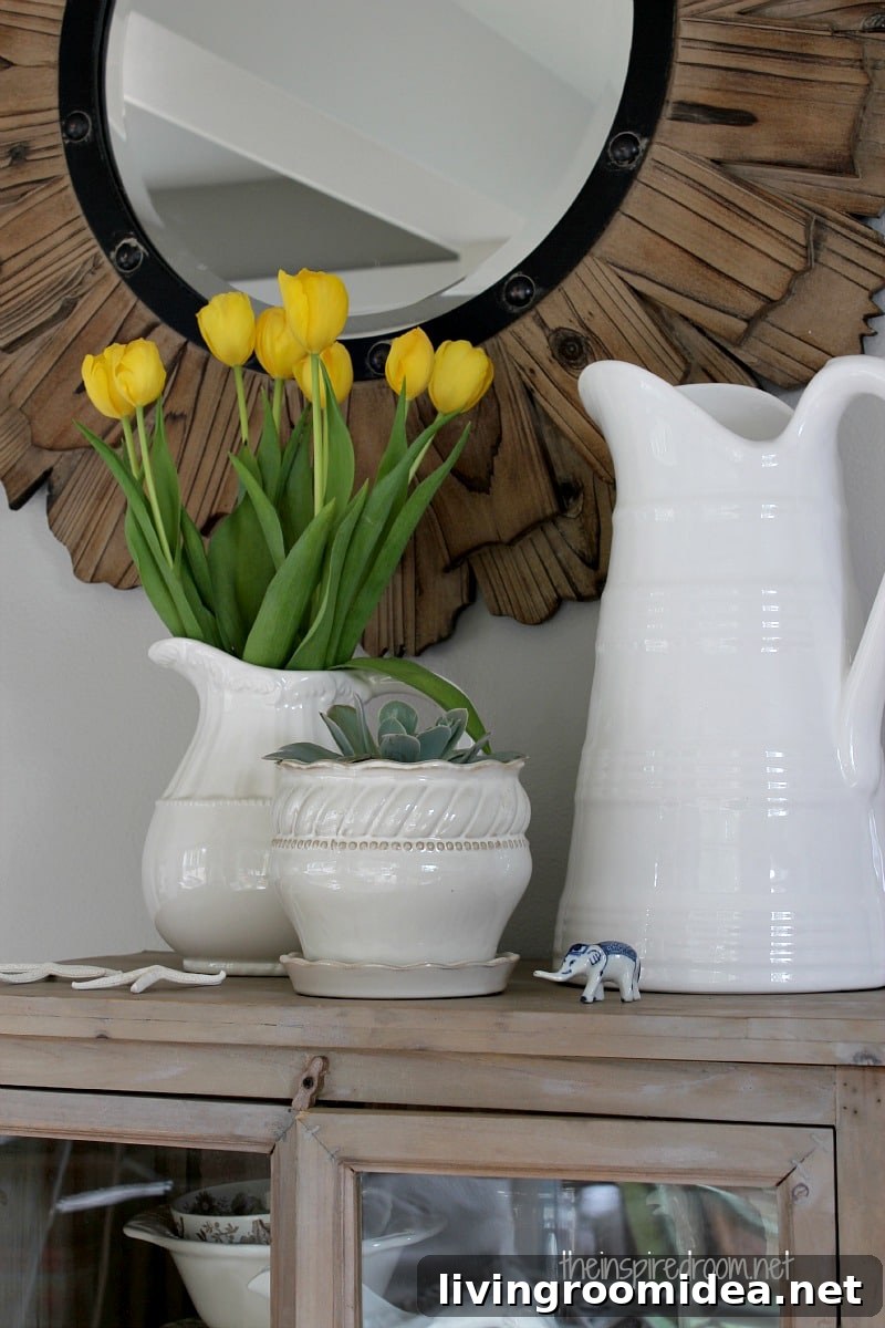 Round Kitchen Mirror Ideas: Stylish Round Mirrors for Your Space 3 table top tulips white vases tablescape