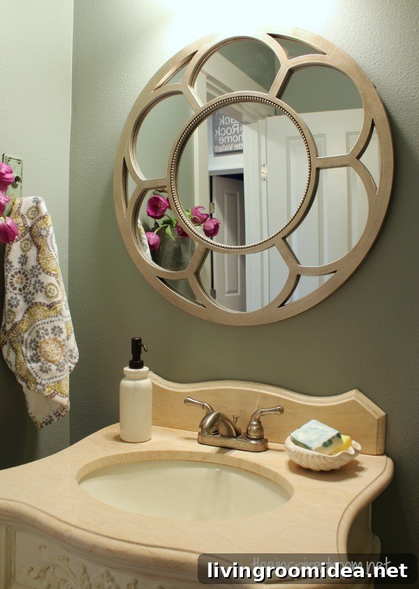 Powder Room Makeover Reveal: Budget-Friendly Second Remodel 17 round mirror in bathroom