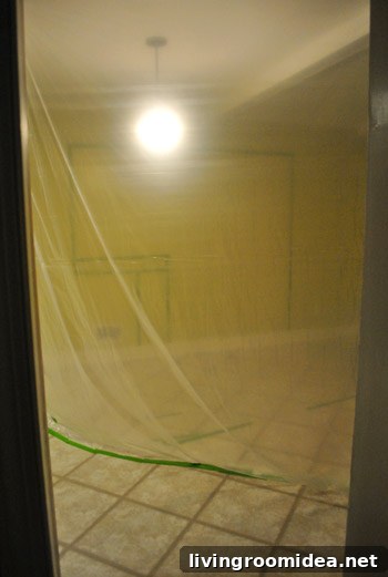 Creepy-themed photo behind plastic sheeting