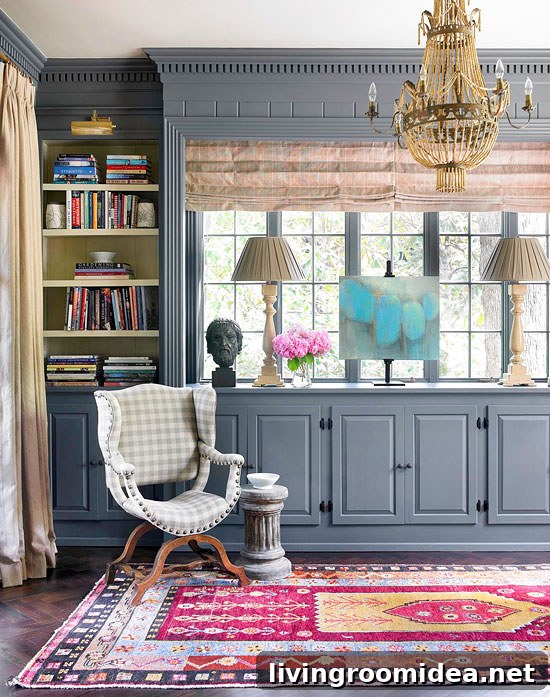 grey built ins and colorful rug