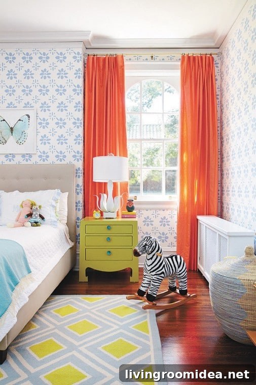 Colorful children's bedroom with orange curtains
