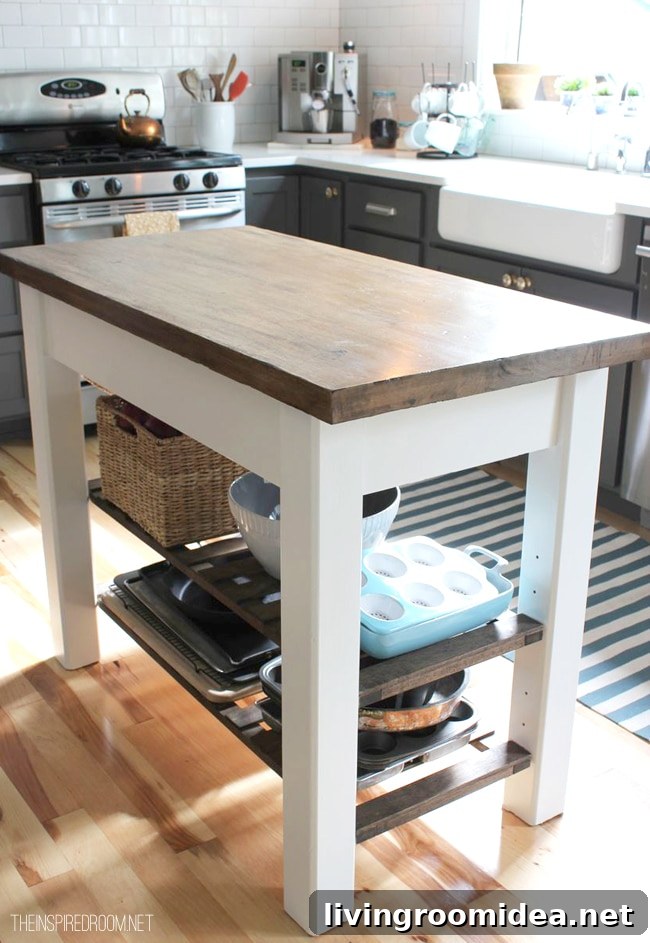 two tones kitchen island with stained wood top