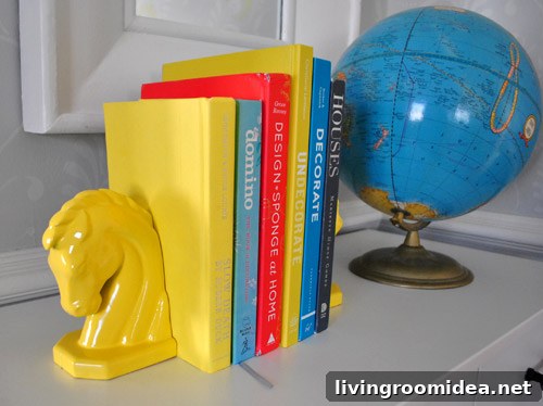 Close-up of yellow horse head bookend