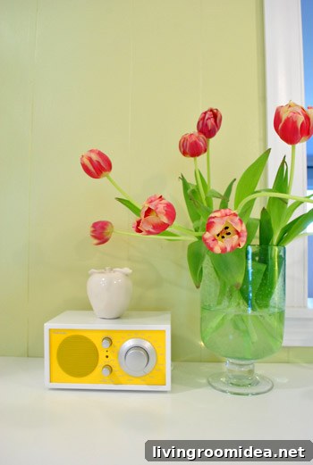 How to Make a Stunning Tulip Bouquet at Home 6 Tulips next to a kitchen radio