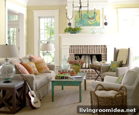 a lively room with calm end tables 