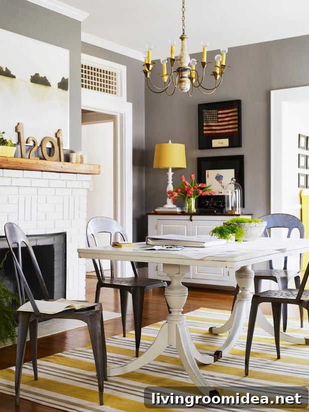 Gray walls pop of yellow cottage style room