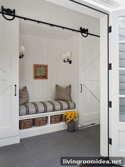 Dream White Farmhouse Tour: Charming Modern Country Home 8 barn doors built in bench niche wendy posard
