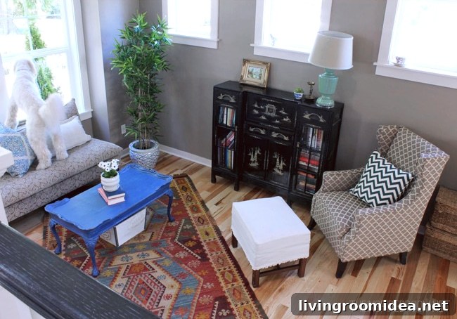 How Living Rooms Have Evolved: Trends, Design & Function Today 2 living room with tribal print rug and chevron pillow