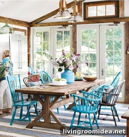 dining room with blue painted chairs