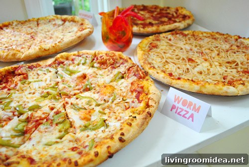 Worm-Themed Birthday Party Ideas and Decorations 9 Pizza and party food