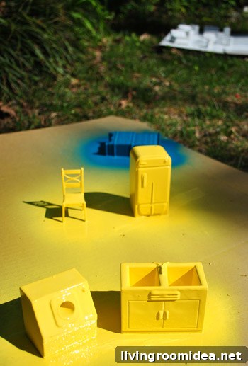 Creative Dollhouse Decorating Ideas for Charming Miniature Rooms 10 Small Dollhouse Furniture Spray Painted Sun Yellow and Blue Lagoon On Cardboard