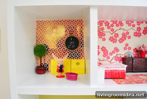 Creative Dollhouse Decorating Ideas for Charming Miniature Rooms 16 Laundry Room In DIY Simple Dollhouse Build With Reflective Gold Tape Wallpaper
