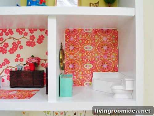 Creative Dollhouse Decorating Ideas for Charming Miniature Rooms 17 Bathroom In DIY Dollhouse Build With Colorful Craft Paper Wallpaper