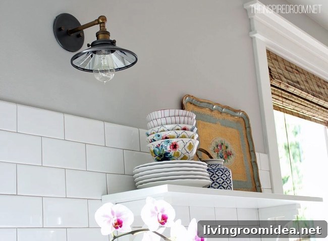 kitchen light and open shelves