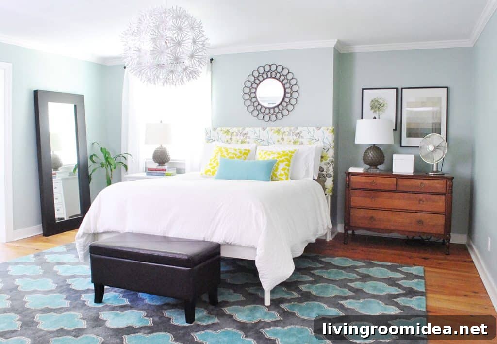 Blue bedroom with patterned DIY upholstered floral headboard