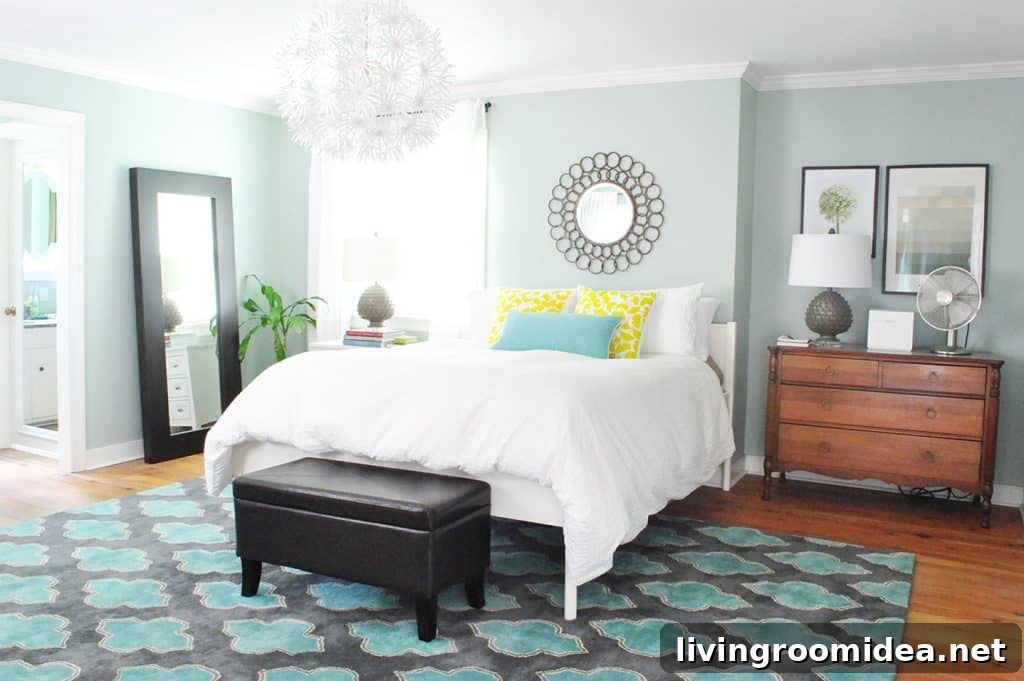 Colorful blue bedroom with no headboard