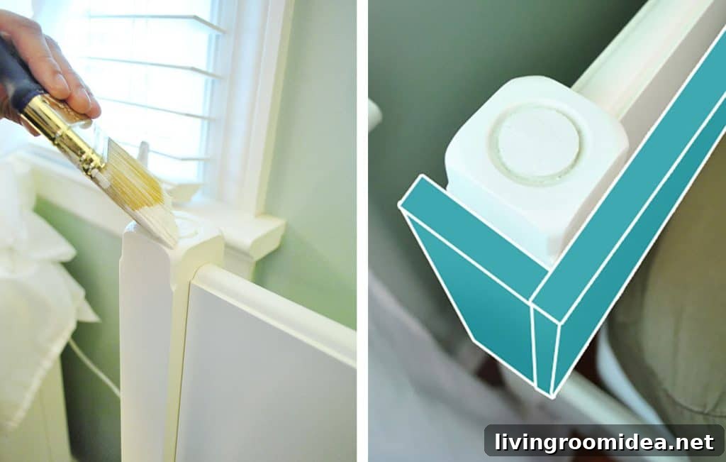Mock up of DIY upholstered headboard frame that wraps around existing posts