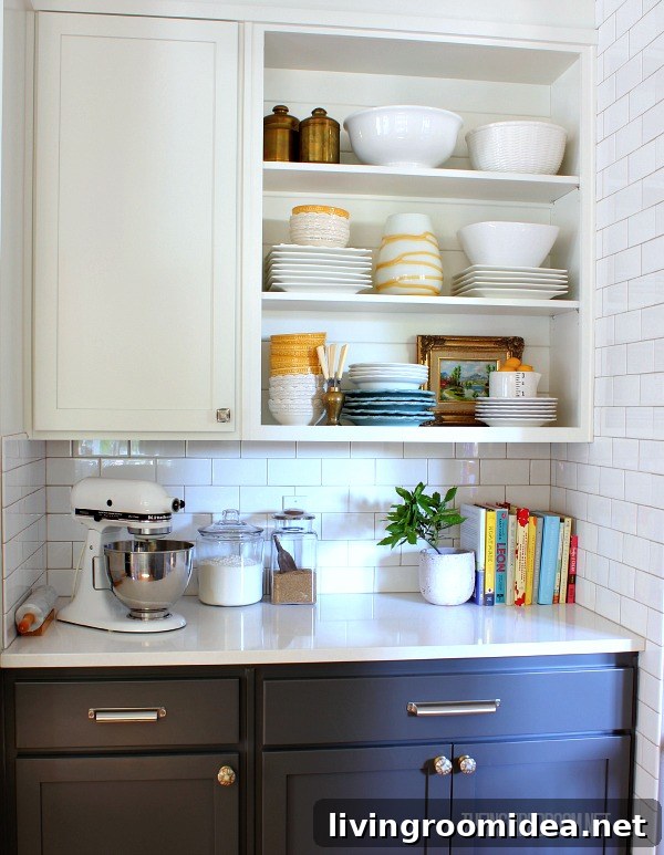 How to Display Dishes on Open Shelves Without Clutter 2 baking center gray and white kitchen with color