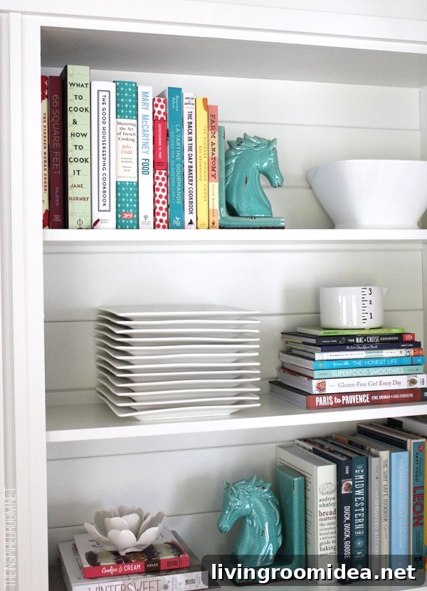 Styling cookbooks and dishes together on open shelves