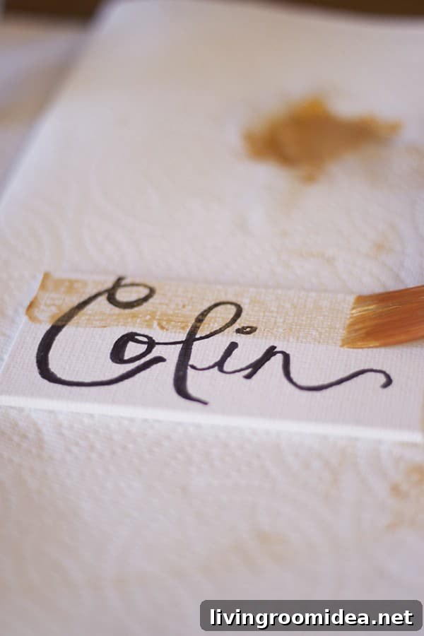 Gold painted DIY placecards for Thanksgiving dinner table