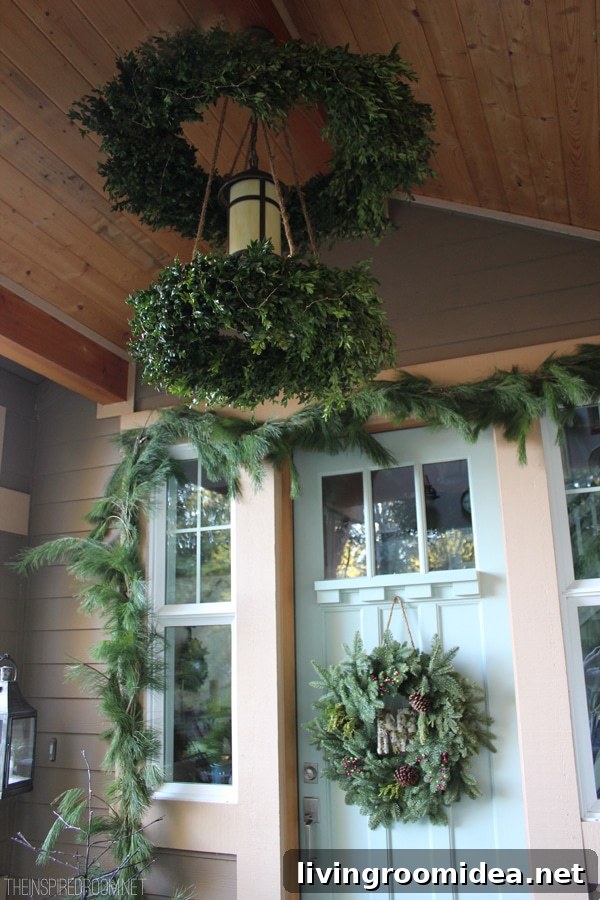 DIY boxwood wreath chandelier christmas porch