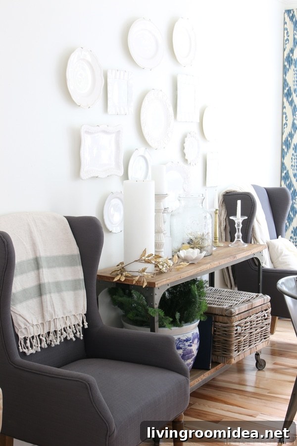 Spontaneous Plate-Hanging Ideas: Creative Wall Décor Projects 5 Gray Wingback Chairs - White Dining Room - The Inspired Room Simple Christmas House Tour