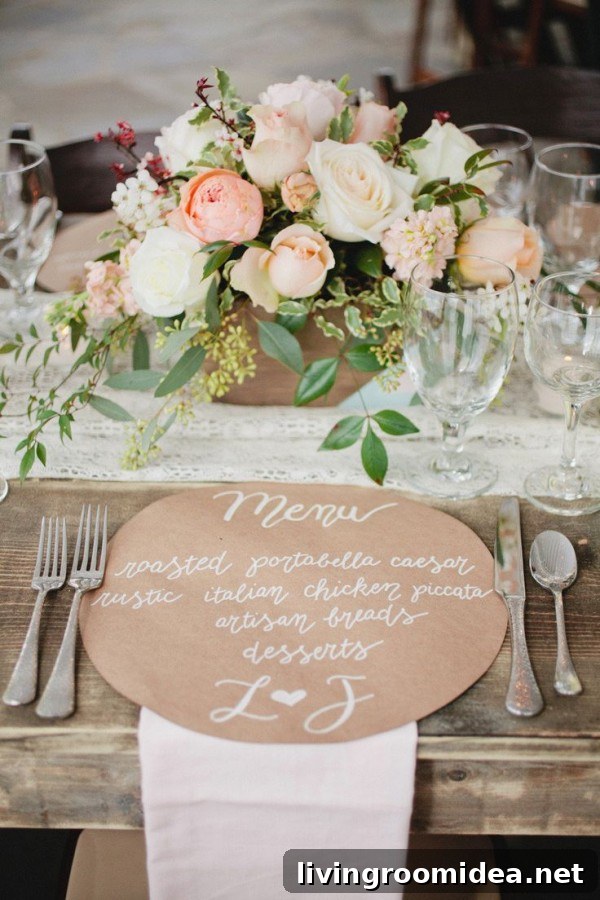 Romance Week: Romantic Wedding Reception Ideas and Inspiration 8 Photography: Kristyn Hogan - kristynhogan.com Event Design, Floral Design +Planning: Cedarwood Weddings - cedarwoodweddings.com #place-settings, #rustic, #centerpiece, #menu