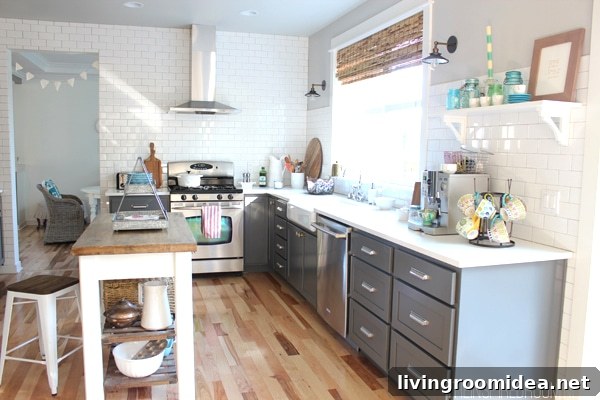 Fireplace Renovation Plans and Recent Home Updates 2 Gray and white kitchen with subway tile