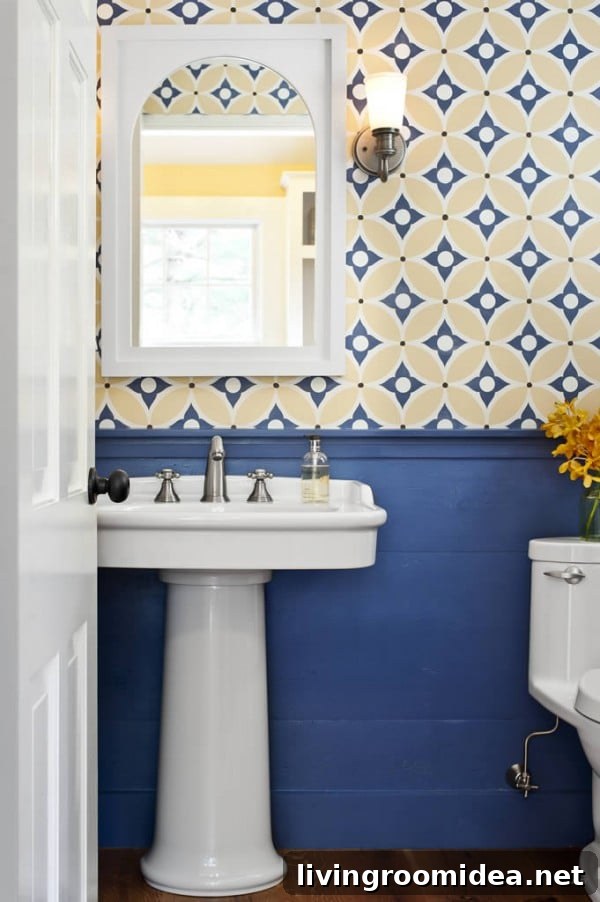 Powder Room Wallpaper Ideas: Stylish Small Bathroom Designs 6 Bathroom Yellow and Blue Wallpaper