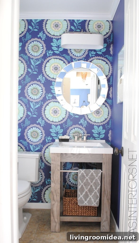 Powder Room Wallpaper Ideas: Stylish Small Bathroom Designs 9 Powder bath large scale floral wallpaper in blue and purple