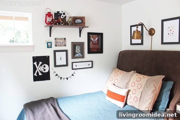Teen Boy’s Small Bedroom Makeover: Updated Design Ideas 15 Eclectic Gallery Wall and Brass Reading Light