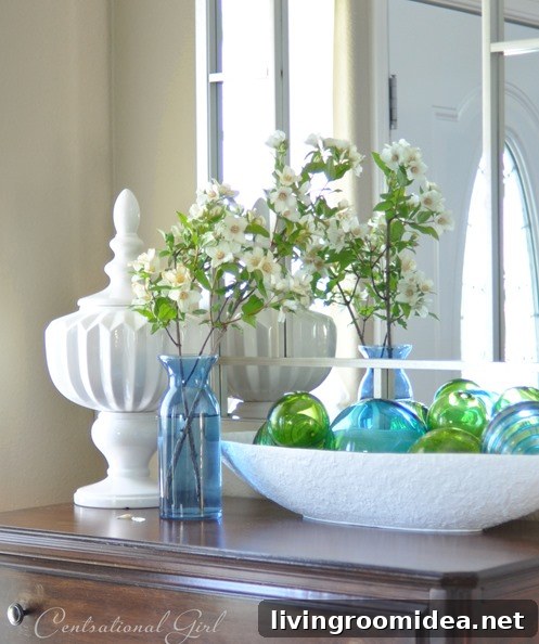 Blue glass accessories in the entry