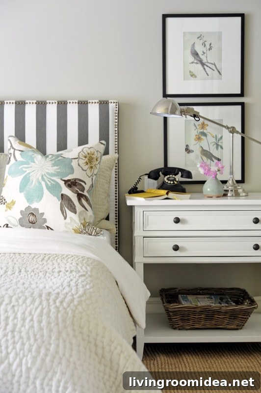 5 Fresh Ways to Bring Spring into Your Bedroom 5 Pretty Master Bedroom with Striped Gray and White Headboard
