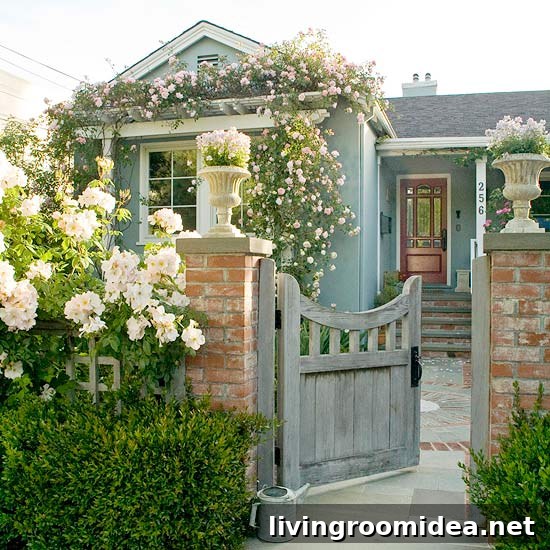 3 Striking Exterior Designs to Boost Your Home’s Curb Appeal 3 Blue Cottage with Great Curb Appeal - Entry Gate with Flowers