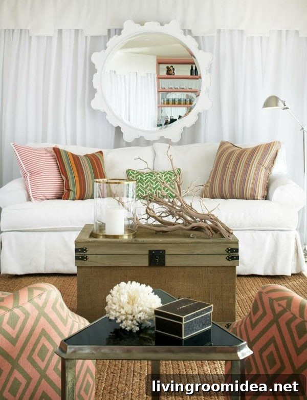 Inside a Massachusetts Beach House: A Coastal Living Tour 8 Peach and white Living Room - Massachusetts House Tour -Terrat Elms - Marblehead Residence