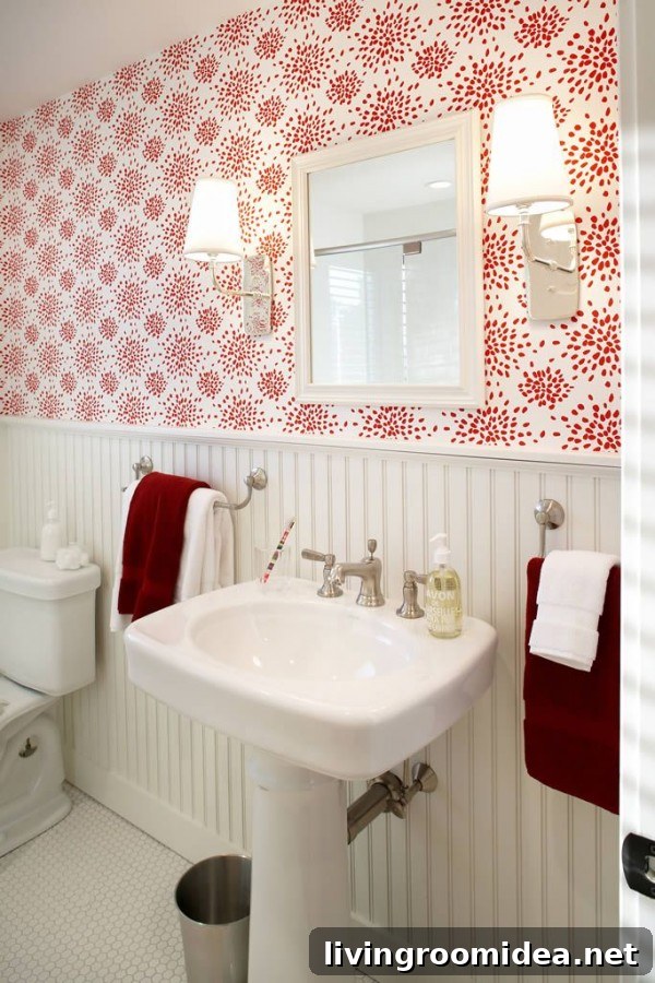 Inside a Massachusetts Beach House: A Coastal Living Tour 10 Red and White Wallpaper in the Bathroom - Terrat Elms - Marblehead Residence