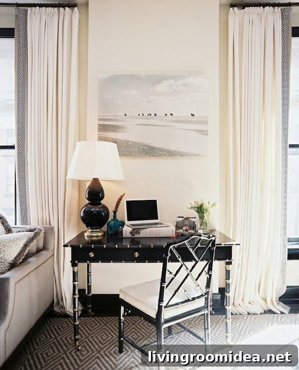 8 Dreamy Bedroom Ideas to Transform Your Sleep Space 4 Black Desk and White Curtains with Greek Key Trim