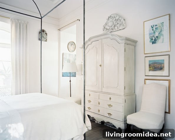 Beautiful White Bedroom with Whitewashed Antique Armoire