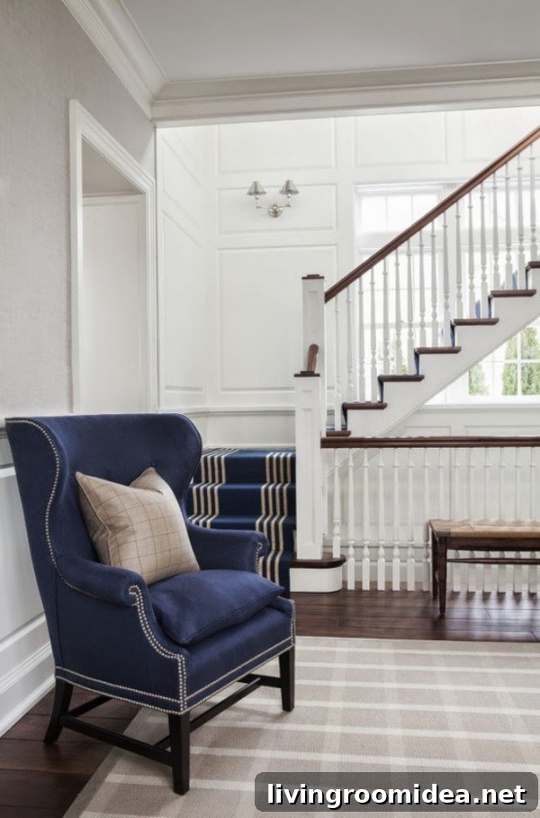 Navy Wingback Chair and Navy Stair Runner - S B Long Interiors